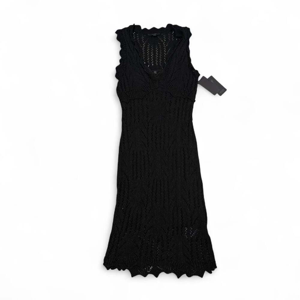 Guess Women's Black Pointelle Knit Sleeveless Dress with Scalloped Hem